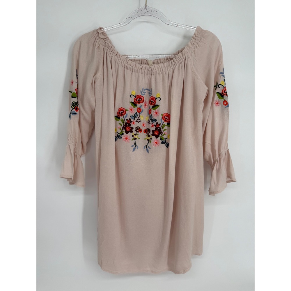 En Creme Womens Blush Floral Embroidered Off Shoulder Bell Sleeve Blouse Sz M